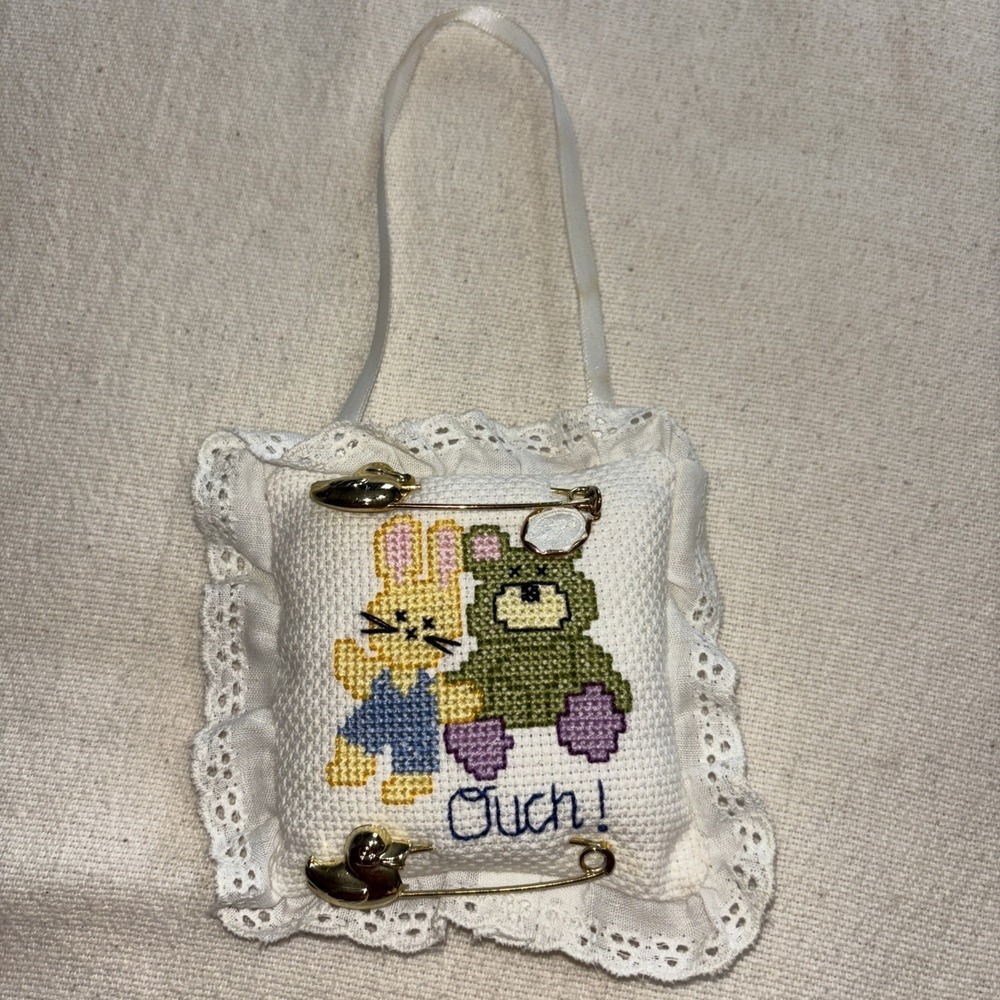 Handmade cross-stitch Pin cushion Bear‎ & Bunny "ouch" Cottagecore 4"x4"